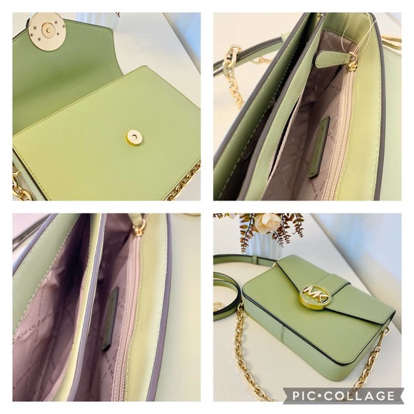 Michael Kors Carmen Medium Monogram Flap Crossbody leather Light Sage - Picture 7 of 9